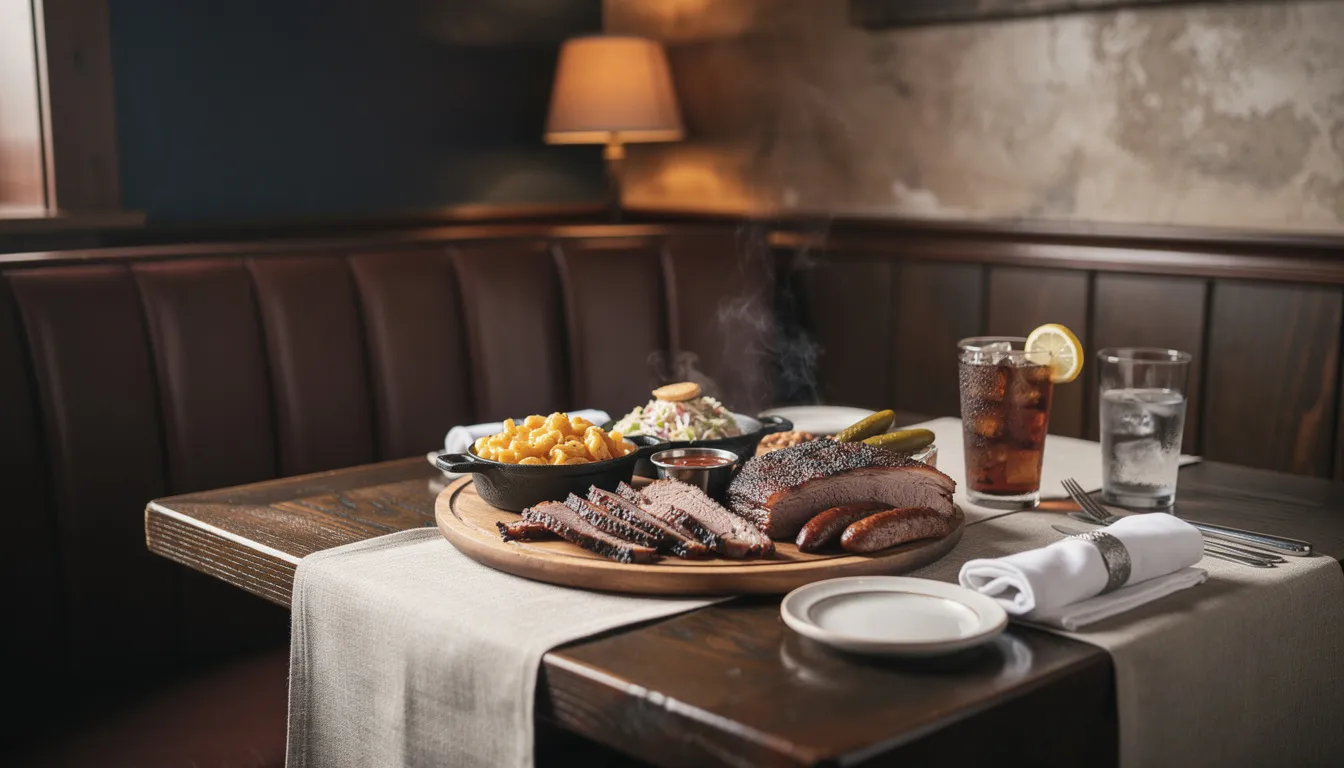 Corner of a warm steakhouse dining room with dark wood table, leather seating and a low lamp