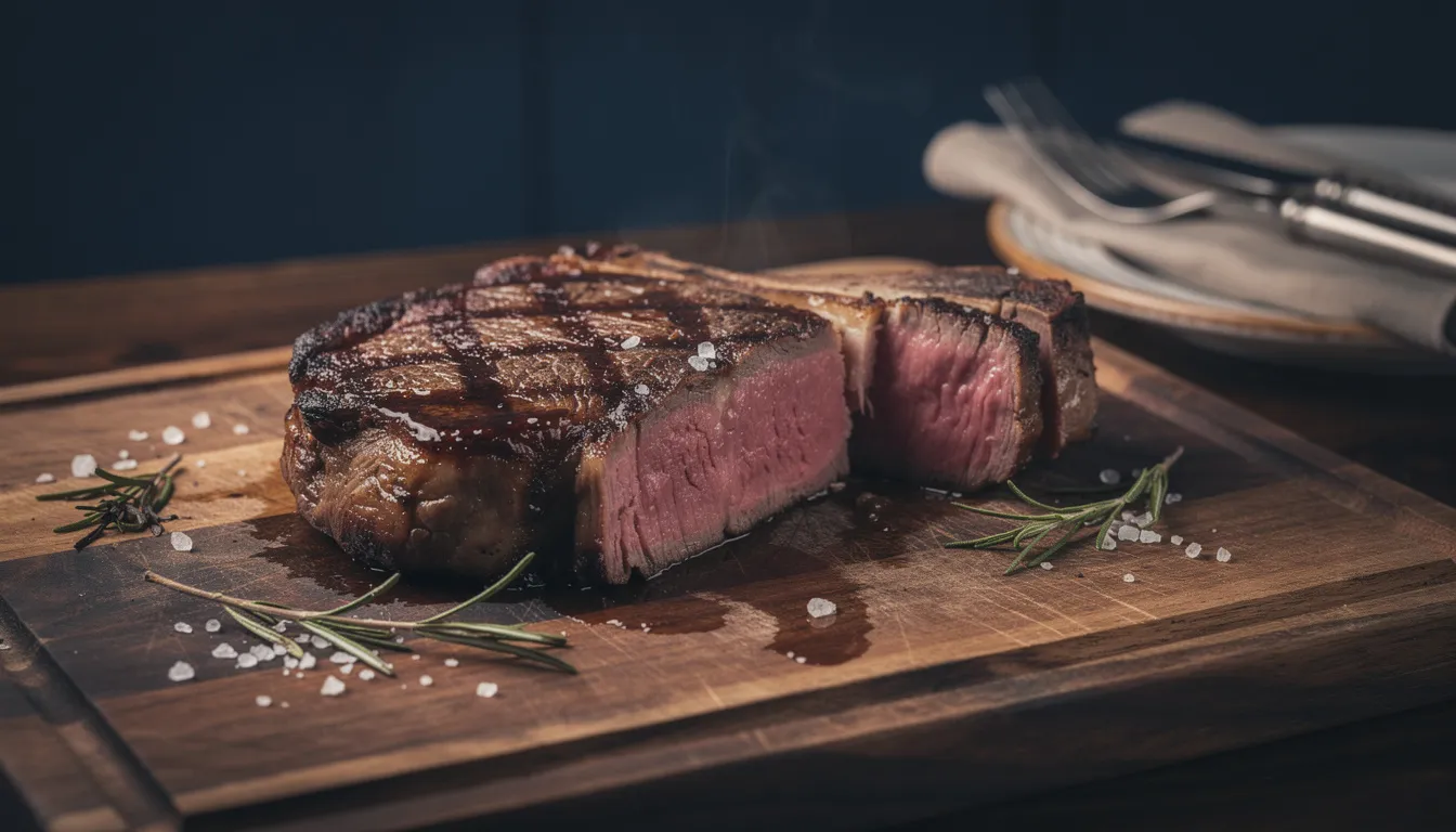 Thick bone-in ribeye steak sliced open on a wooden board, charred crust and rosy center, dark moody steakhouse lighting