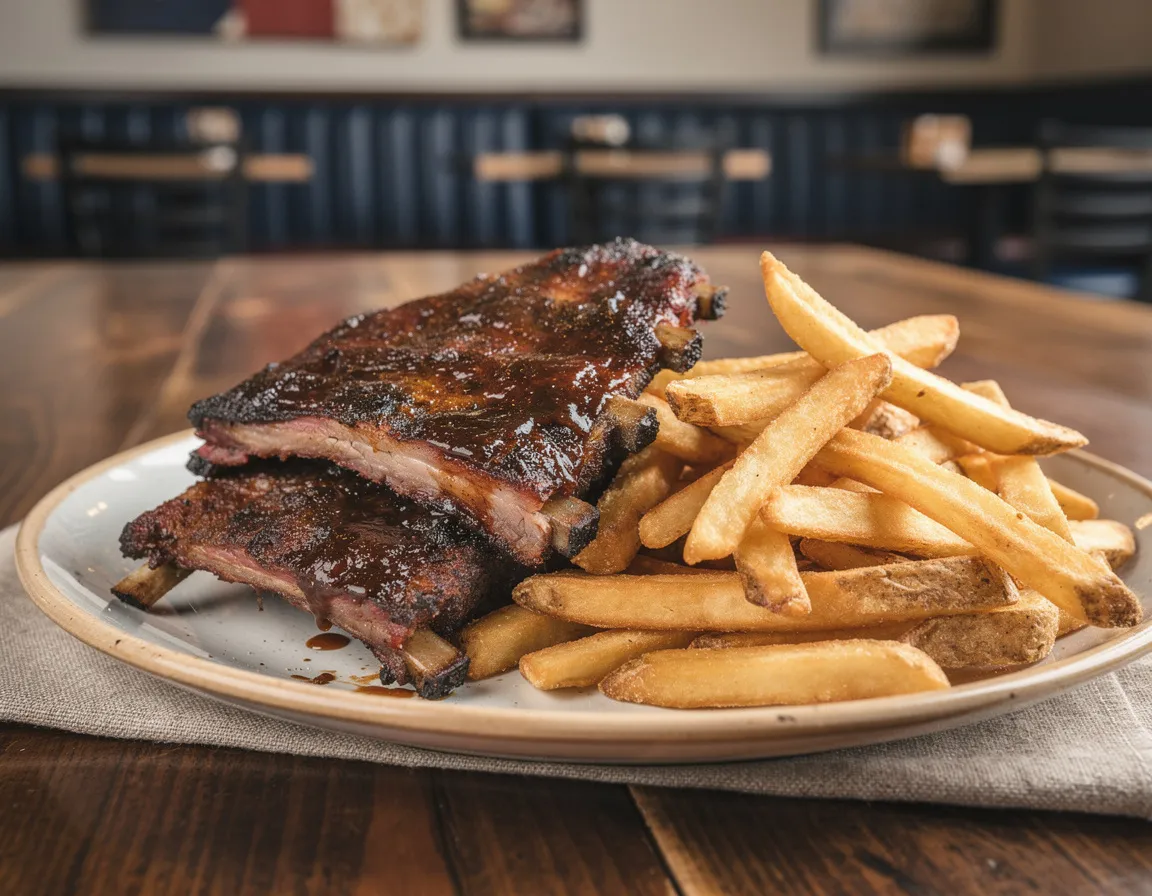 Rack of barbecued pork ribs glazed in dark barbecue sauce stacked beside a pile of golden steak fries