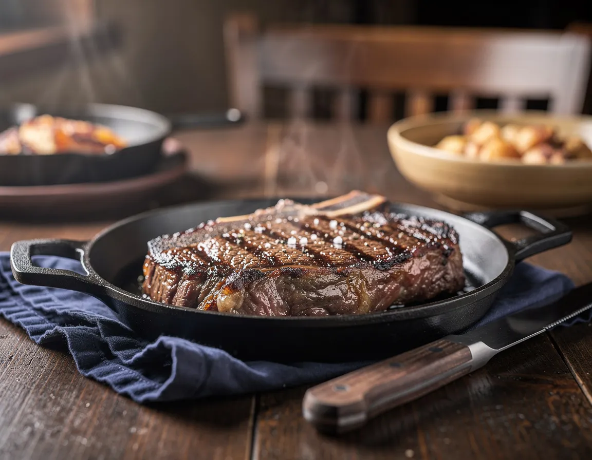 Grilled bone-in ribeye steak with deep char marks resting on a cast iron plate beside a steak knife
