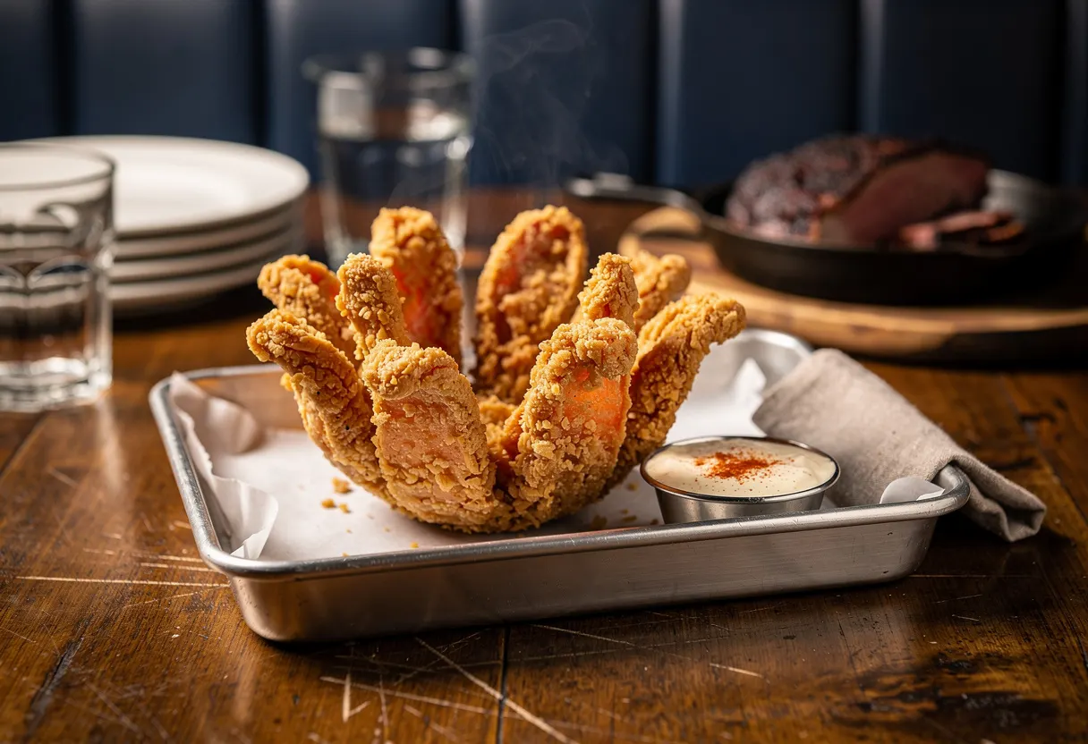 Golden-fried blooming onion opened like a flower on a metal tray with a cup of creamy dipping sauce
