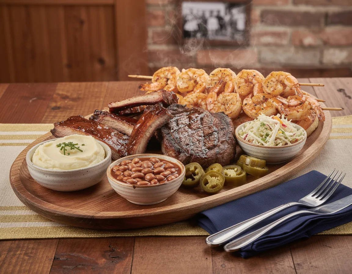 Large wooden table platter holding grilled steak, glazed ribs and shrimp with bowls of sides