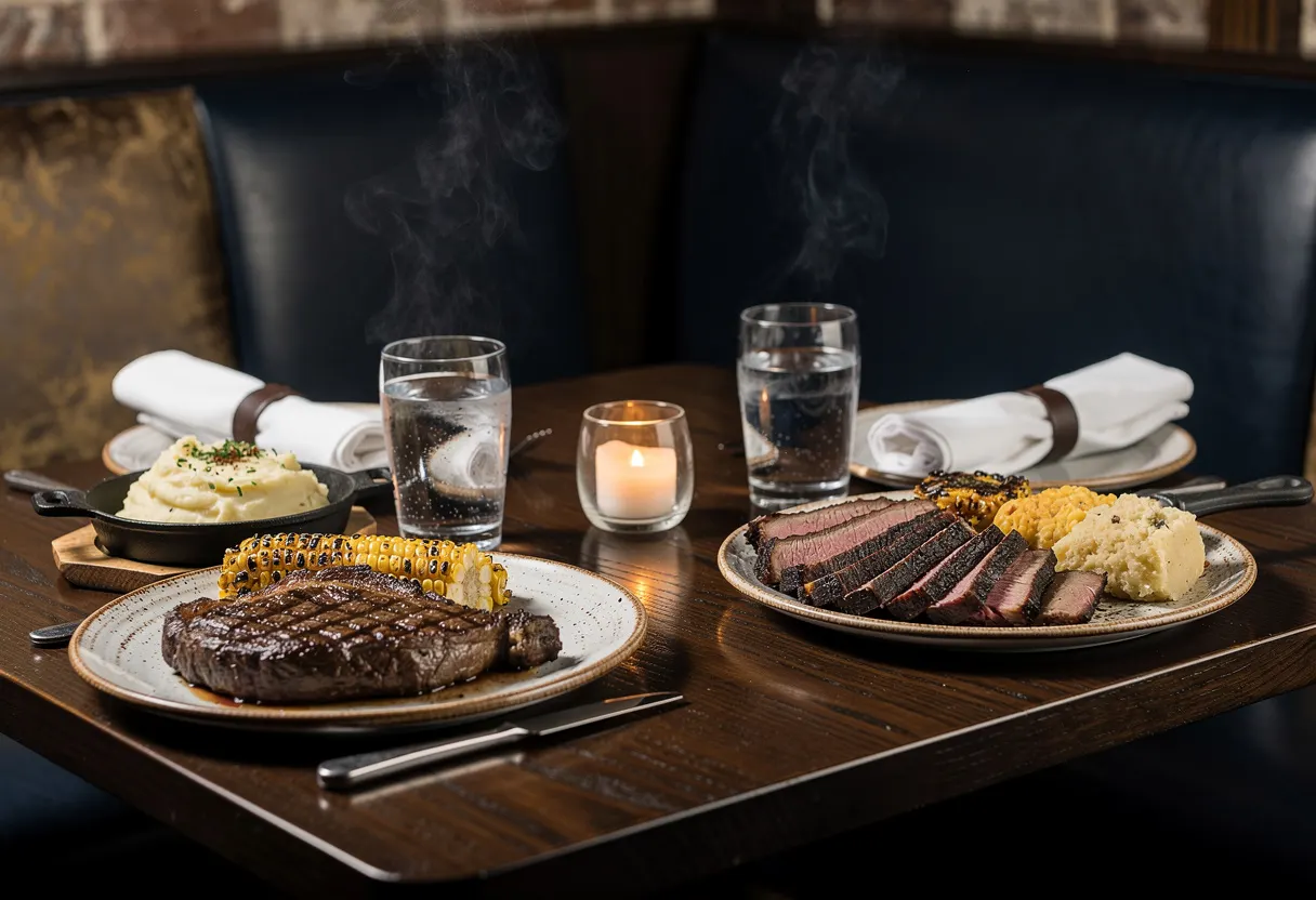 Steakhouse table laid for two with folded napkins, water glasses and a small candle in a dark wood booth